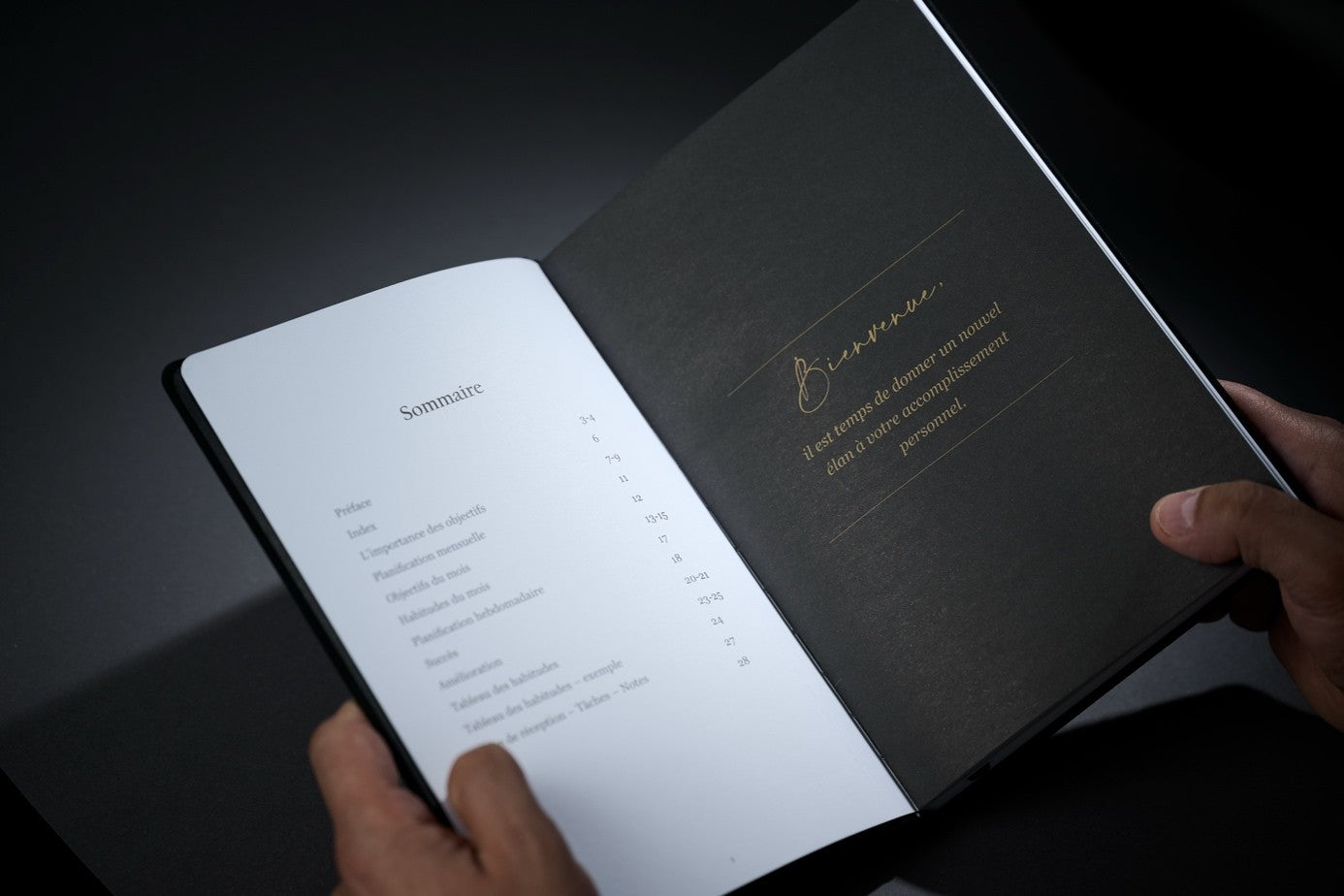 Les mains tenant le Mindset Planner ouvert